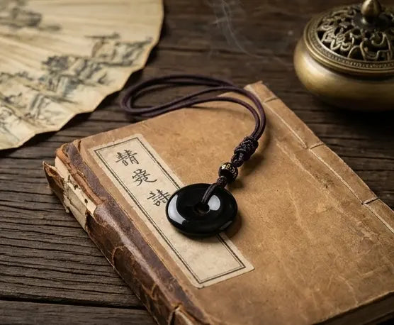 Natural Black Obsidian Bi Disc Pendant Necklace HanTang Style