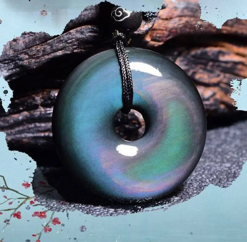 Natural Black Obsidian Bi Disc Pendant Necklace HanTang Style