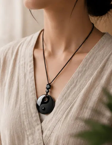 Yin Yang Obsidian Pendant — Ancient Eastern Symbol of Balance & Protection HanTang Style