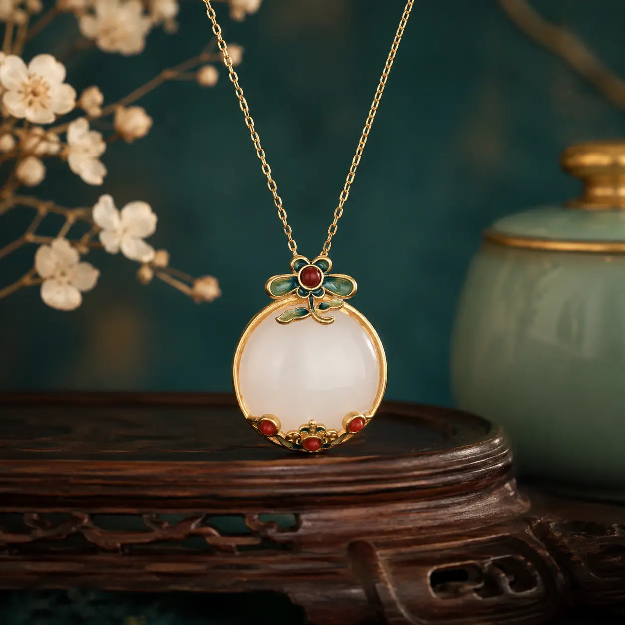 Court Blossom Jade-Inspired Pendant Necklace