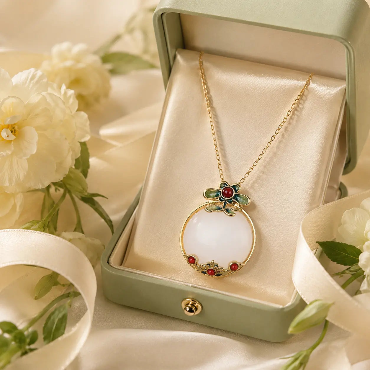 Court Blossom Jade-Inspired Pendant Necklace
