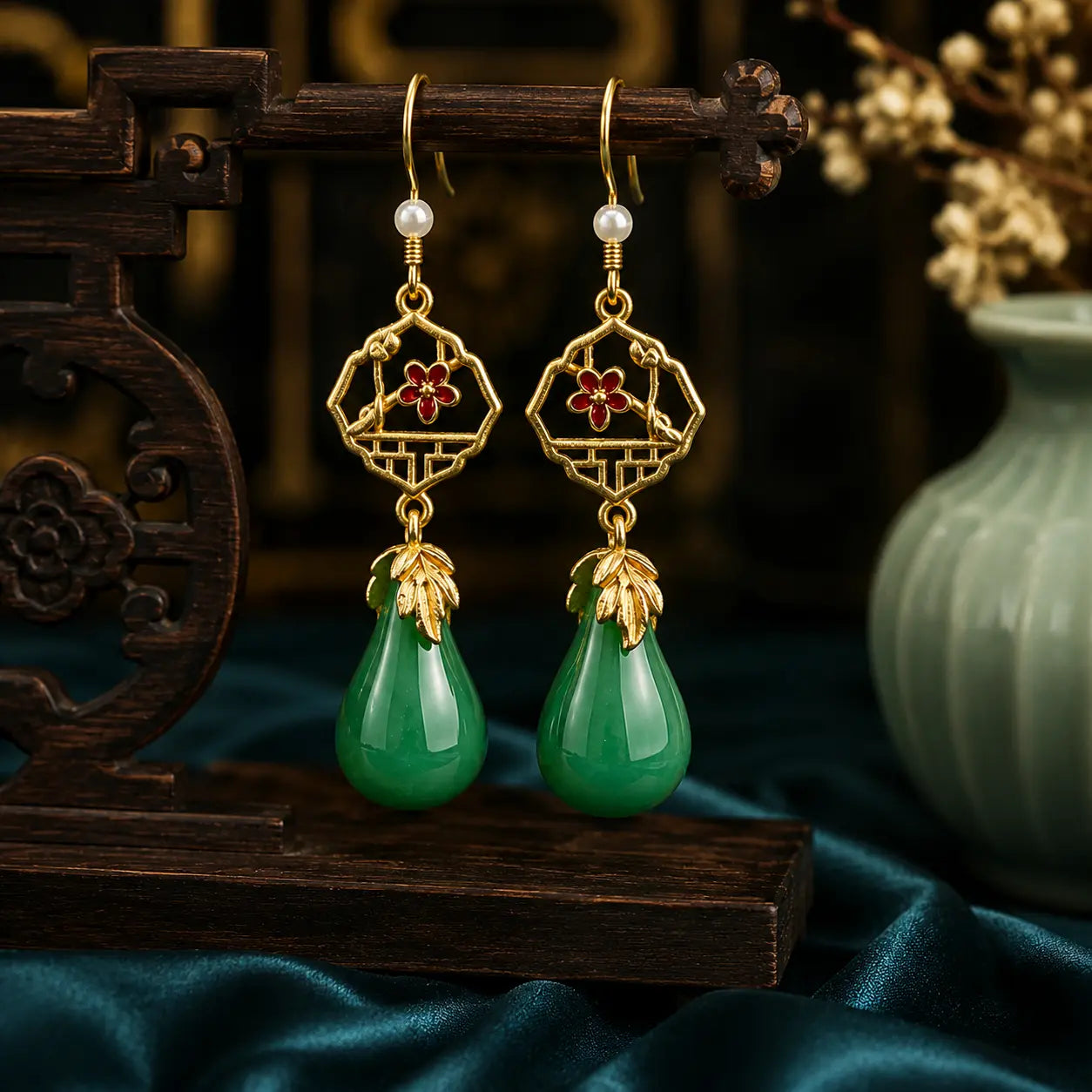 Jade Blossom Court Drop Earrings