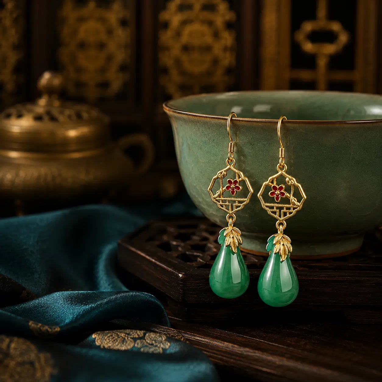 Jade Blossom Court Drop Earrings