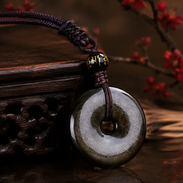 Natural Black Obsidian Bi Disc Pendant Necklace HanTang Style