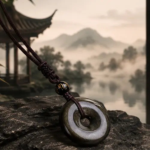 Natural Black Obsidian Bi Disc Pendant Necklace HanTang Style