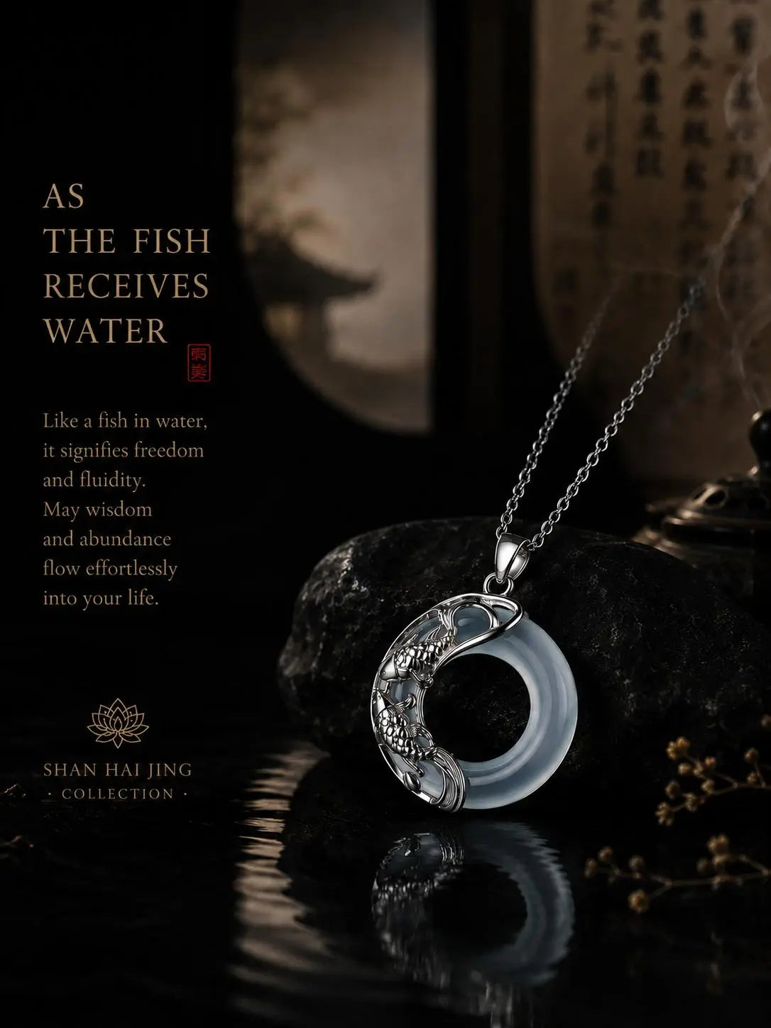 Natural White Jade Peace Buckle Koi Fish Lucky Necklace HanTang Style