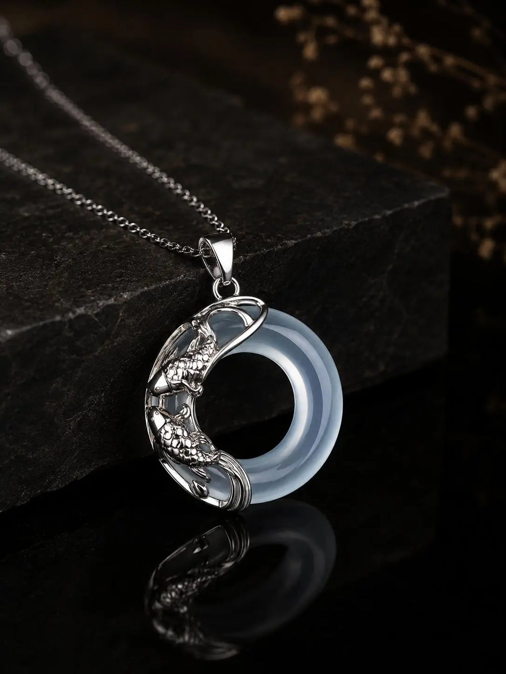 Natural White Jade Peace Buckle Koi Fish Lucky Necklace HanTang Style