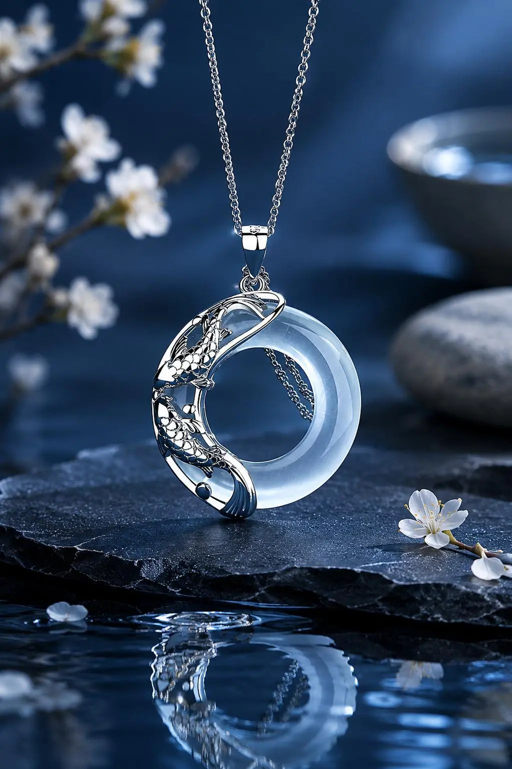 Natural White Jade Peace Buckle Koi Fish Lucky Necklace HanTang Style