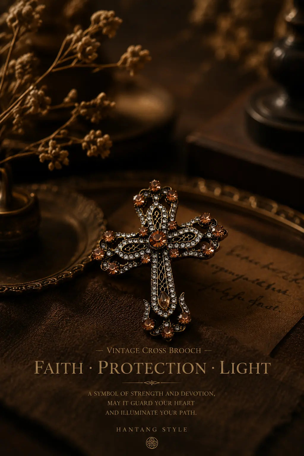 Vintage Crystal Cross Brooch – Oriental Gothic Jewelry Pin hantangstyle