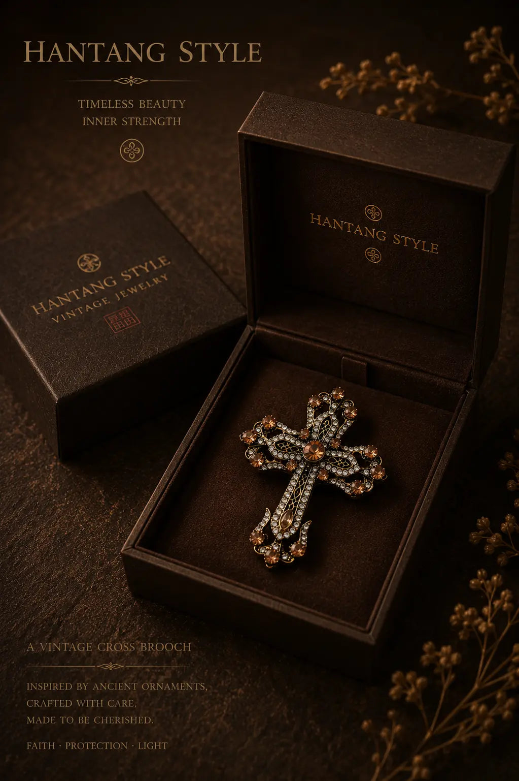 Vintage Crystal Cross Brooch – Oriental Gothic Jewelry Pin hantangstyle