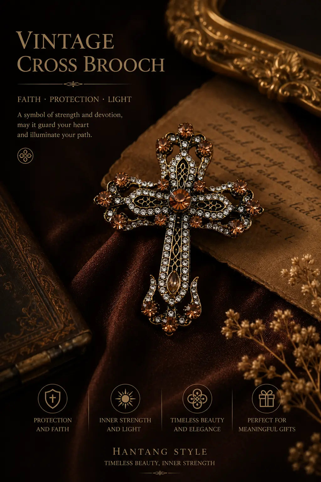Vintage Crystal Cross Brooch – Oriental Gothic Jewelry Pin hantangstyle