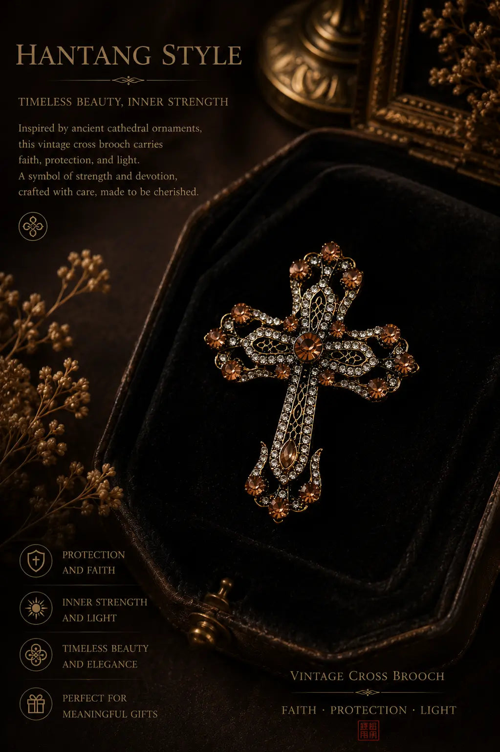 Vintage Crystal Cross Brooch – Oriental Gothic Jewelry Pin hantangstyle
