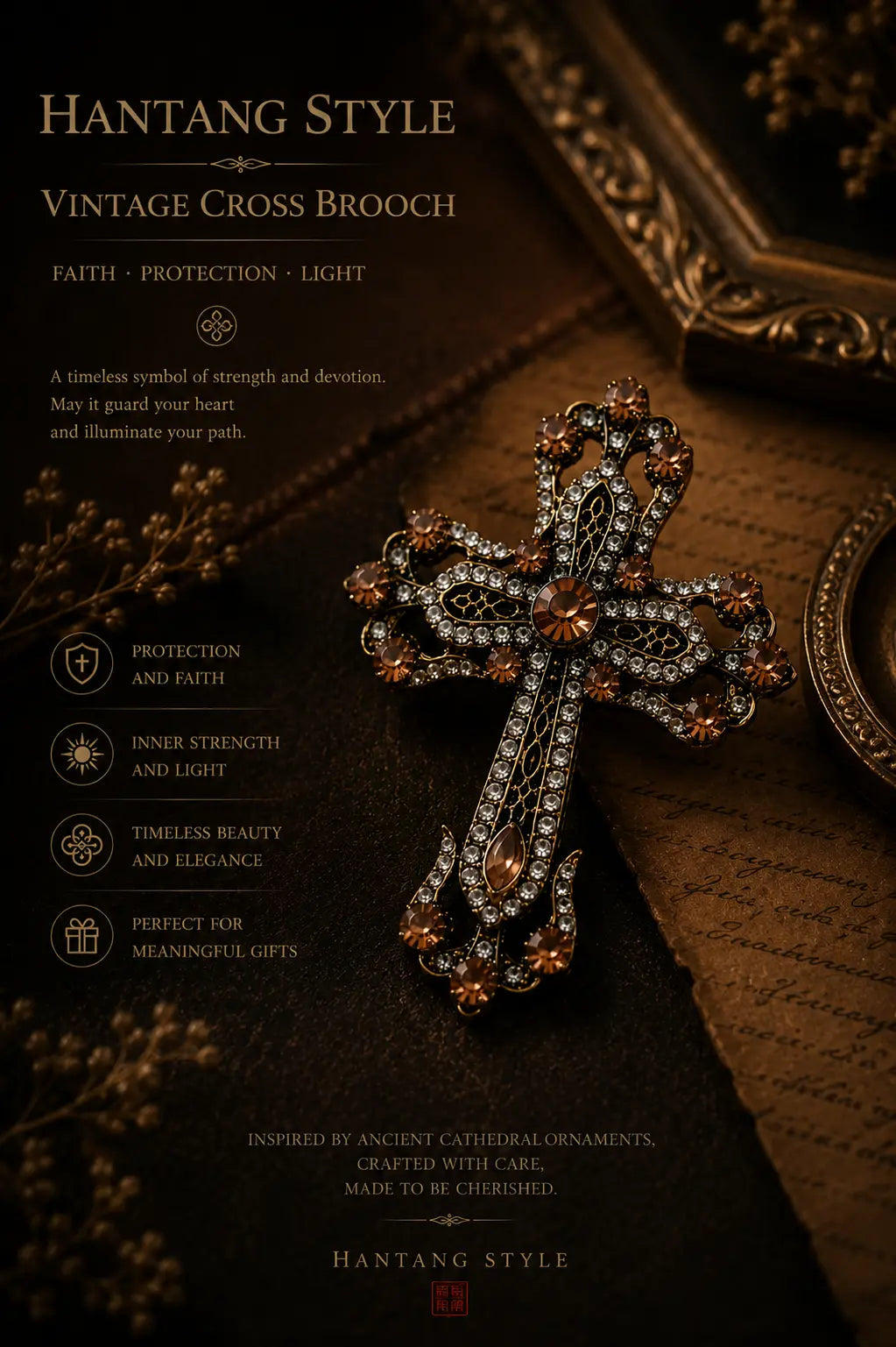 Vintage Crystal Cross Brooch – Oriental Gothic Jewelry Pin hantangstyle