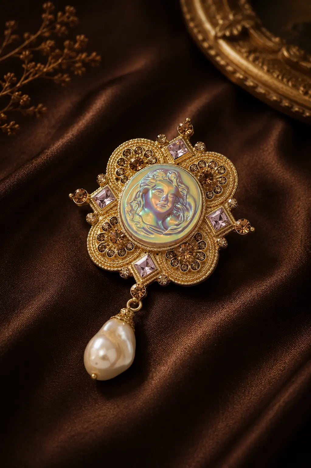 Celestial Muse Pearl Brooch – Vintage Goddess Emblem Pin hantangstyle