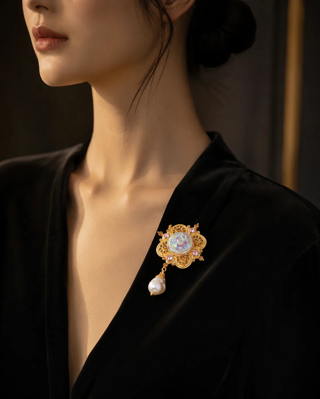 Celestial Muse Pearl Brooch – Vintage Goddess Emblem Pin hantangstyle