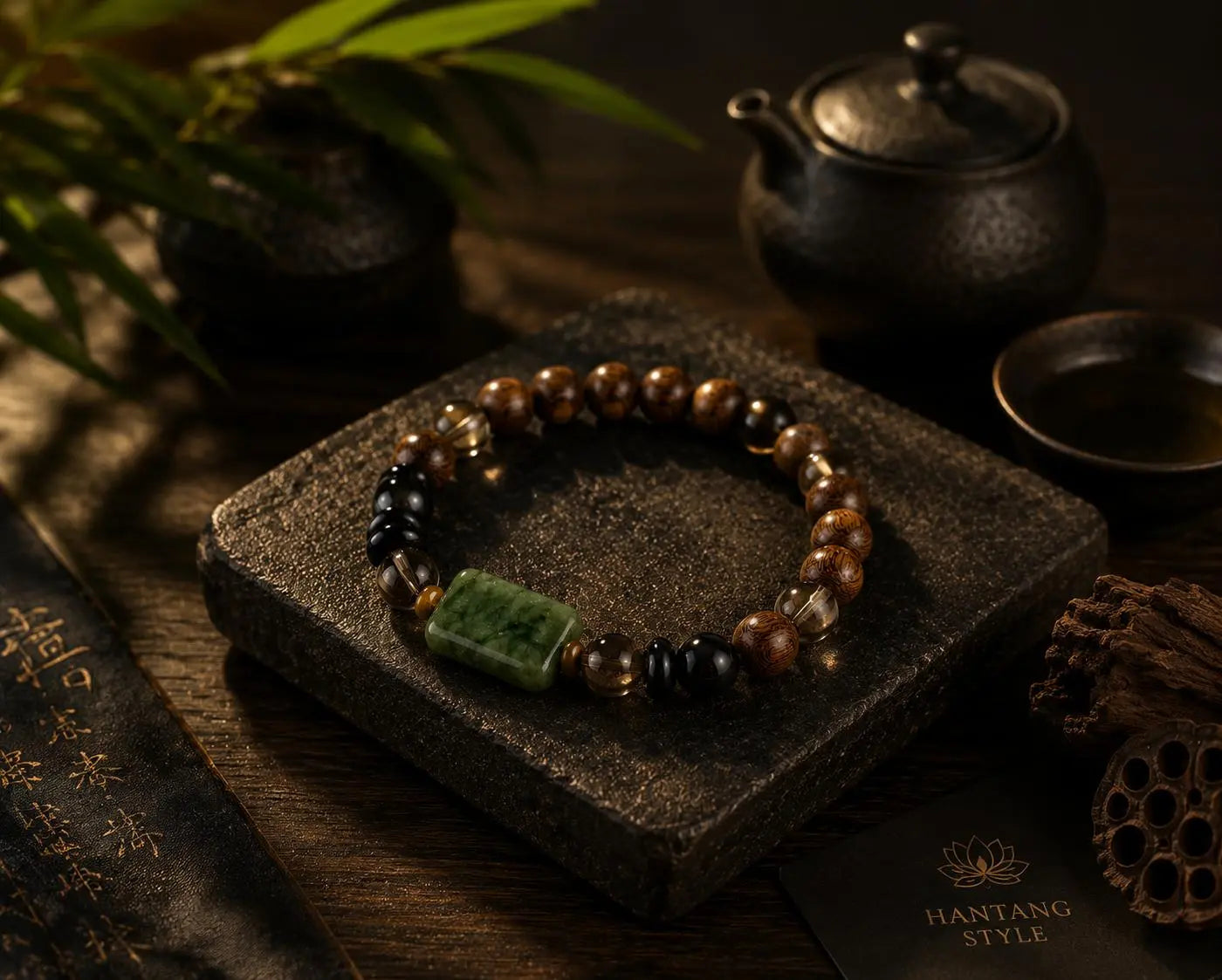Verdant Serenity Jade Bracelet – Spiritual Wood & Smoky Quartz Energy Bracelet HANTANG STYLE