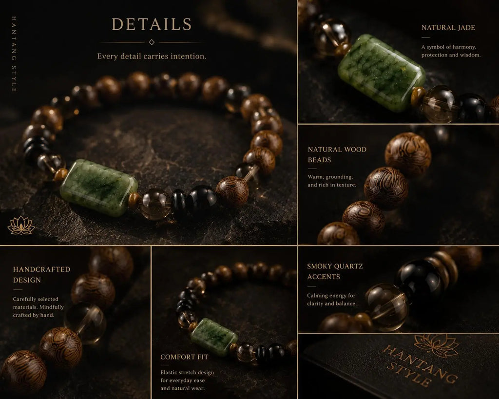 Verdant Serenity Jade Bracelet – Spiritual Wood & Smoky Quartz Energy Bracelet HANTANG STYLE