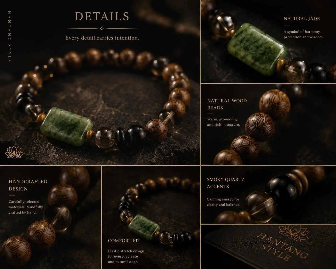 Verdant Serenity Jade Bracelet – Spiritual Wood & Smoky Quartz Energy Bracelet HANTANG STYLE