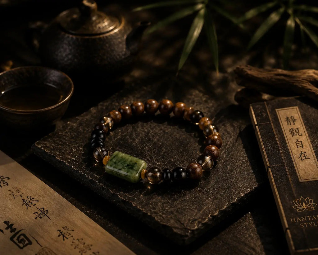 Verdant Serenity Jade Bracelet – Spiritual Wood & Smoky Quartz Energy Bracelet HANTANG STYLE