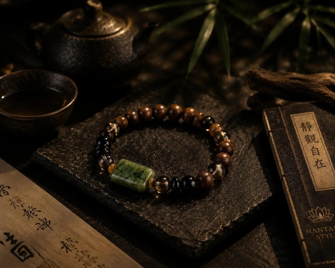 Verdant Serenity Jade Bracelet – Spiritual Wood & Smoky Quartz Energy Bracelet HANTANG STYLE