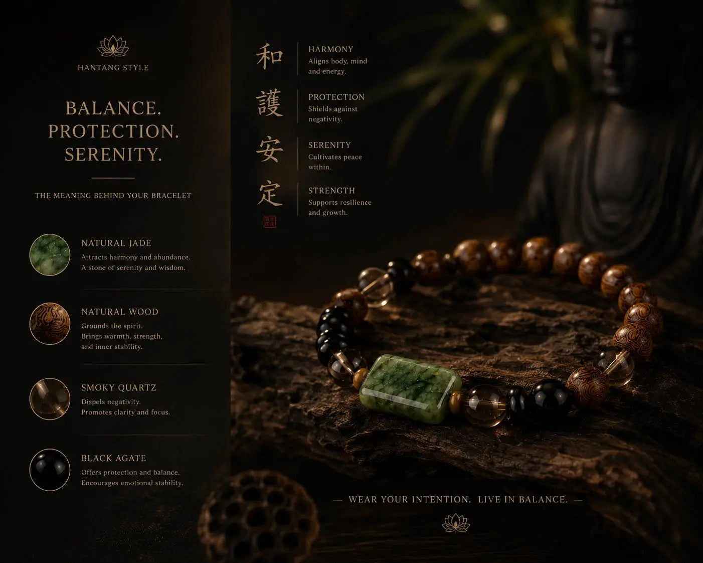 Verdant Serenity Jade Bracelet – Spiritual Wood & Smoky Quartz Energy Bracelet HANTANG STYLE