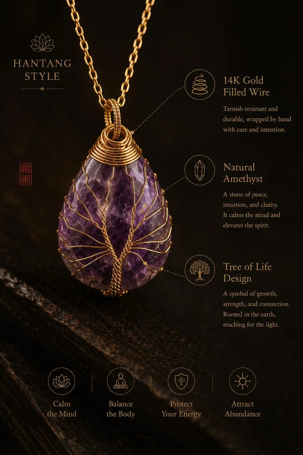 Amethyst Tree of Life Necklace — Spiritual Healing & Inner Peace Pendant HanTang Style