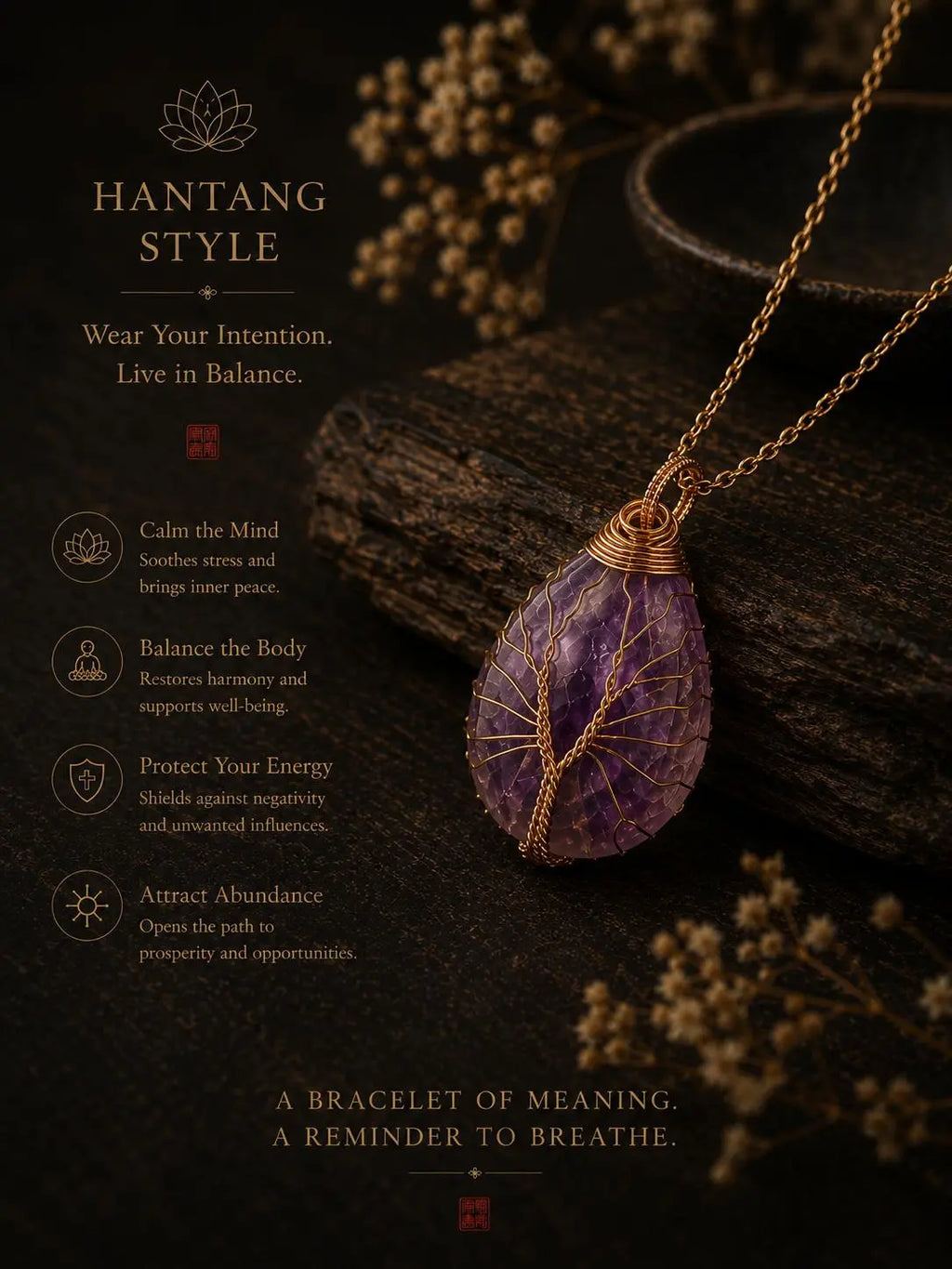 Amethyst Tree of Life Necklace — Spiritual Healing & Inner Peace Pendant HanTang Style