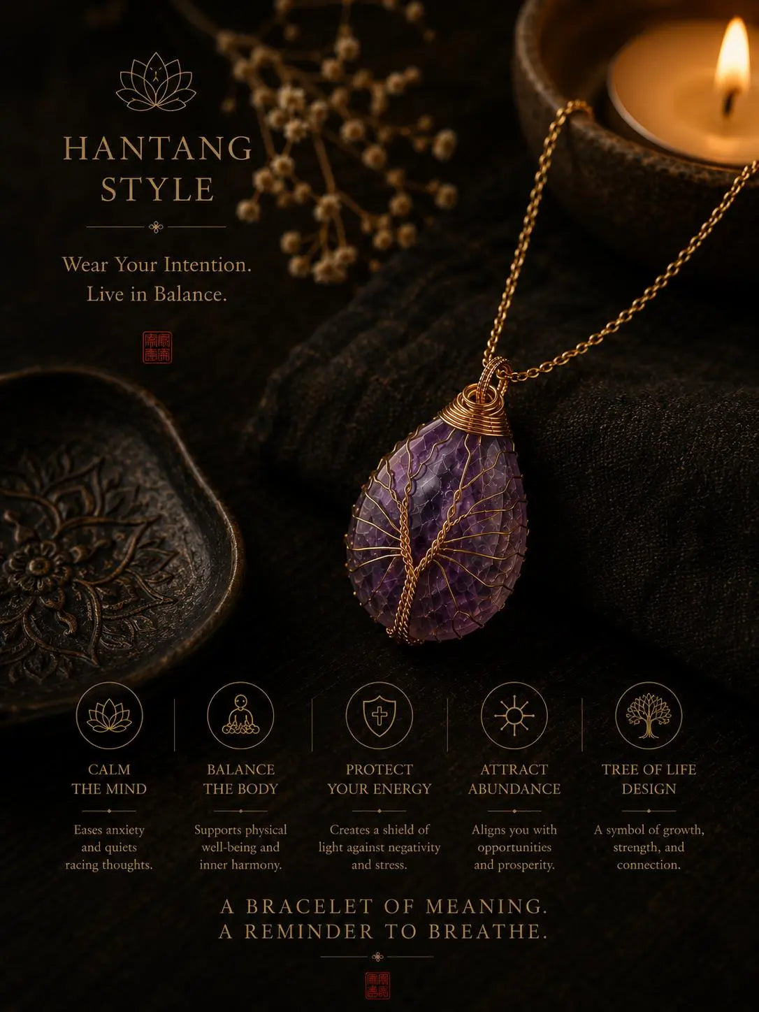Amethyst Tree of Life Necklace — Spiritual Healing & Inner Peace Pendant HanTang Style