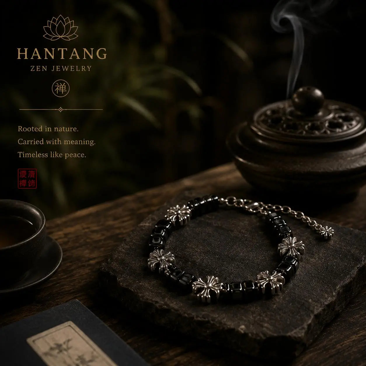 Midnight Cross Bracelet — Gothic Black Stone Chain Jewelry HANTANG STYLE