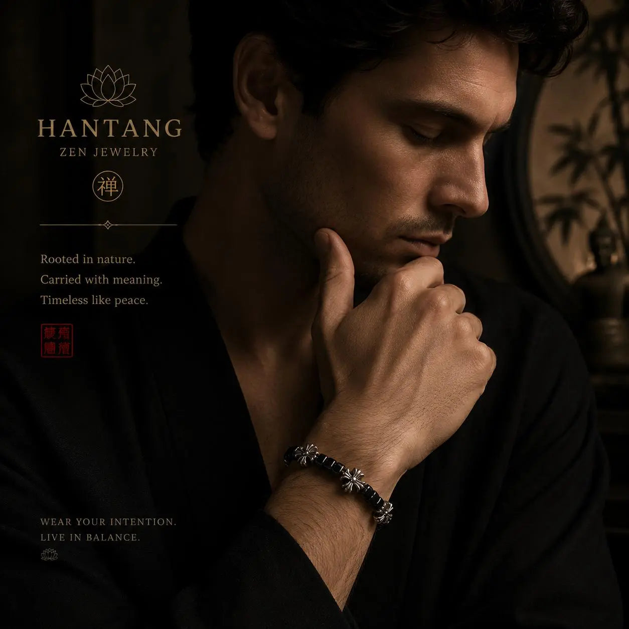 Midnight Cross Bracelet — Gothic Black Stone Chain Jewelry HANTANG STYLE