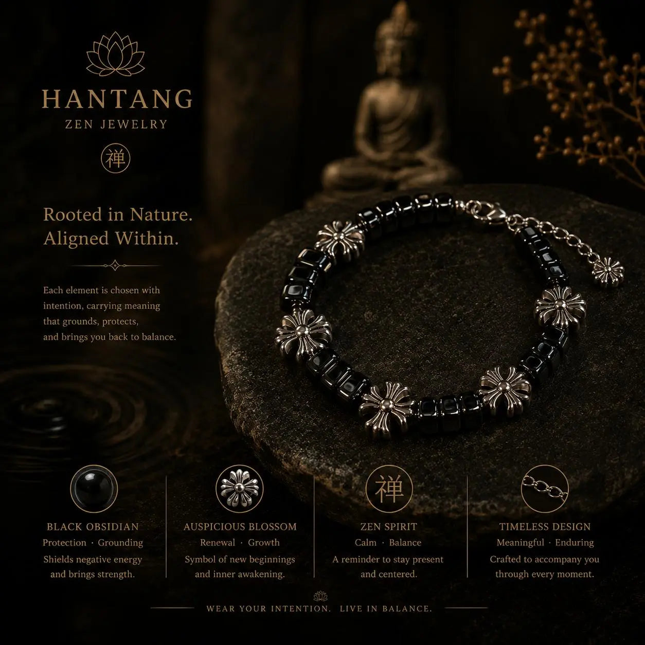 Midnight Cross Bracelet — Gothic Black Stone Chain Jewelry HANTANG STYLE