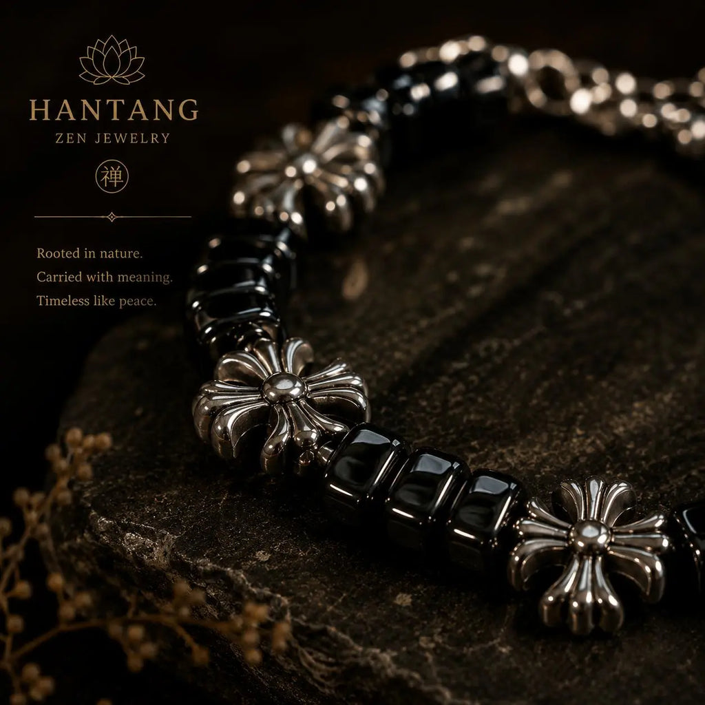 Midnight Cross Bracelet — Gothic Black Stone Chain Jewelry HANTANG STYLE
