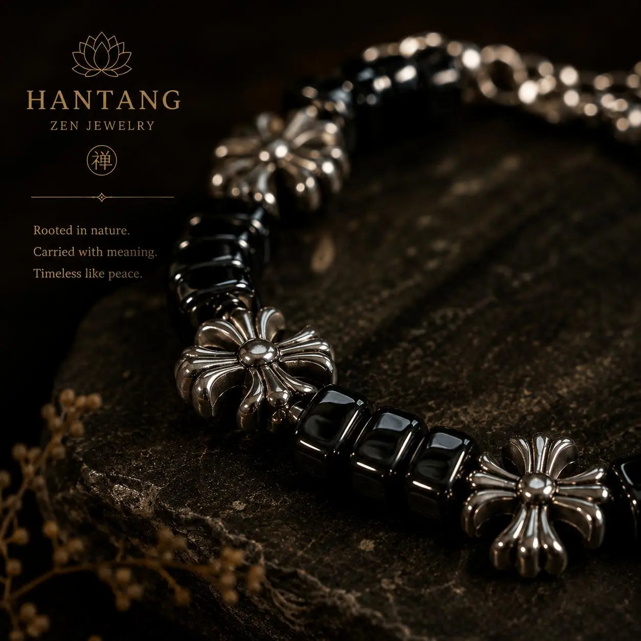 Midnight Cross Bracelet — Gothic Black Stone Chain Jewelry HANTANG STYLE