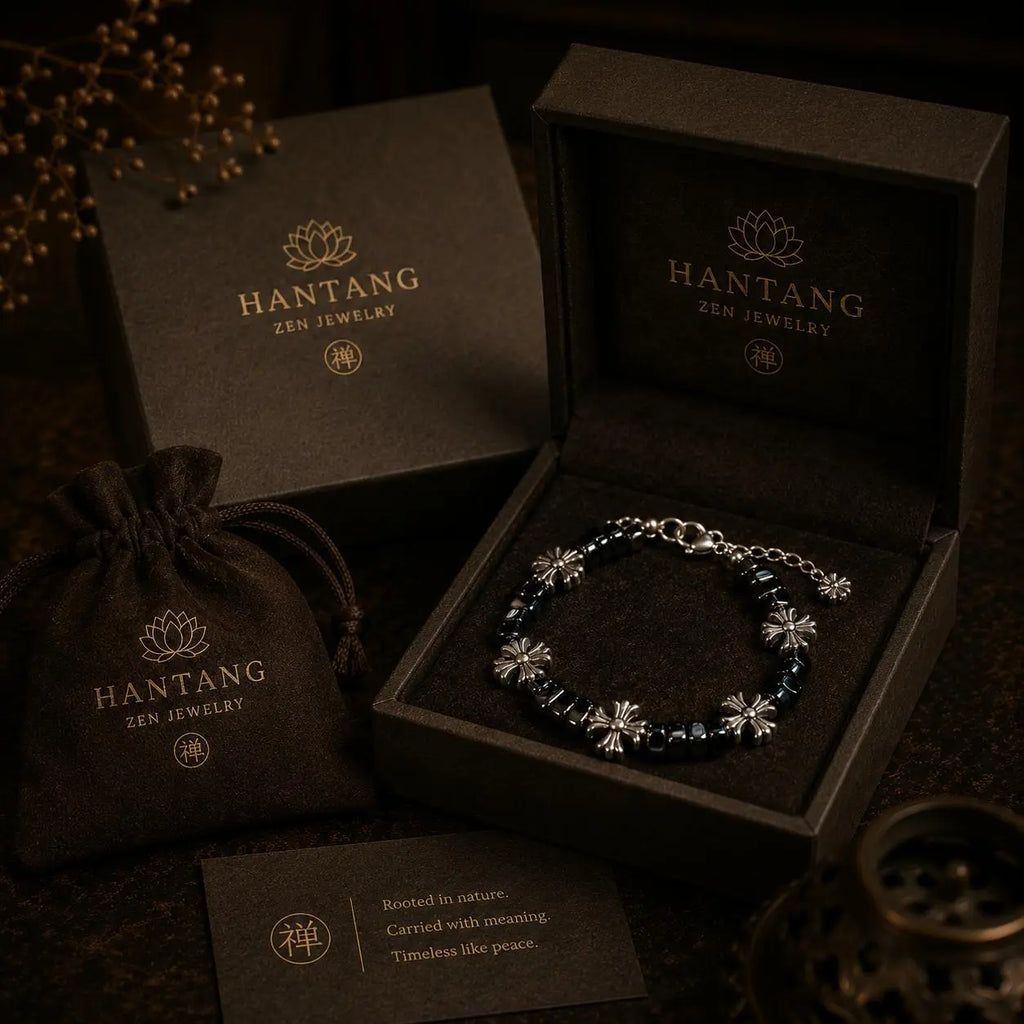 Midnight Cross Bracelet — Gothic Black Stone Chain Jewelry HANTANG STYLE