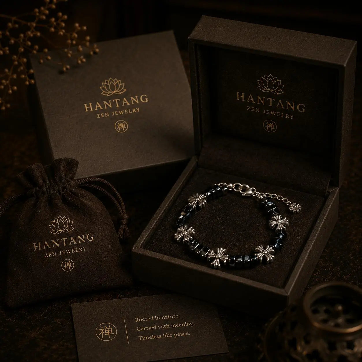 Midnight Cross Bracelet — Gothic Black Stone Chain Jewelry HANTANG STYLE