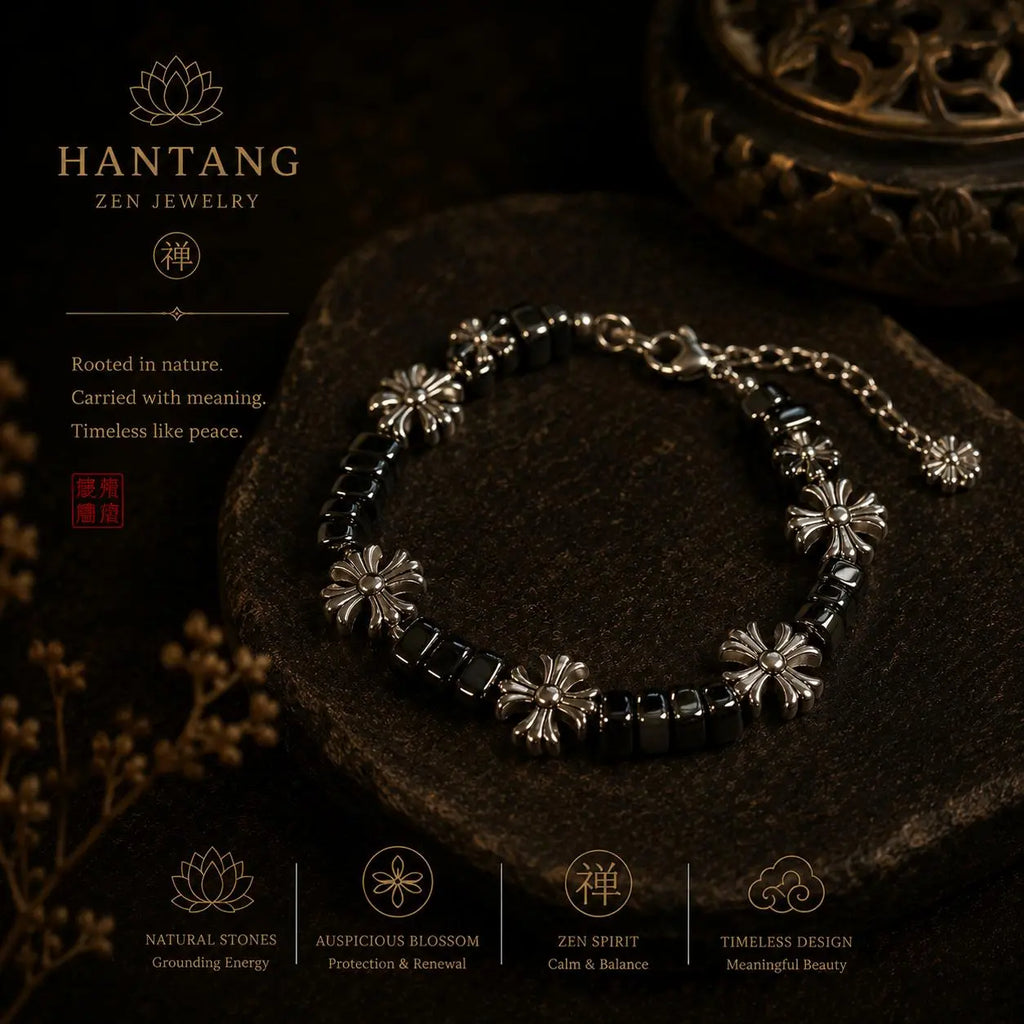 Midnight Cross Bracelet — Gothic Black Stone Chain Jewelry HANTANG STYLE