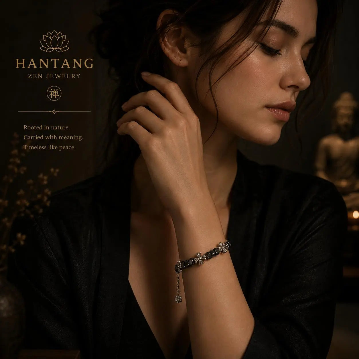 Midnight Cross Bracelet — Gothic Black Stone Chain Jewelry HANTANG STYLE