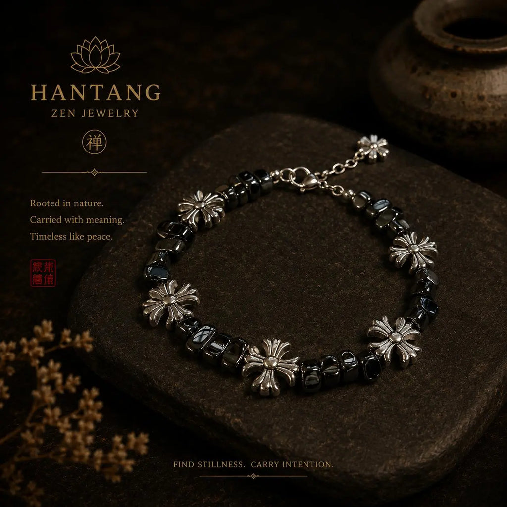 Midnight Cross Bracelet — Gothic Black Stone Chain Jewelry HANTANG STYLE