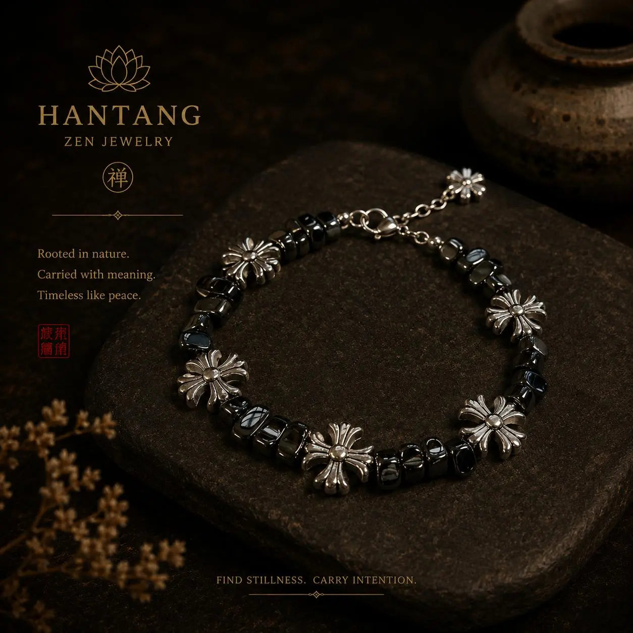Midnight Cross Bracelet — Gothic Black Stone Chain Jewelry HANTANG STYLE