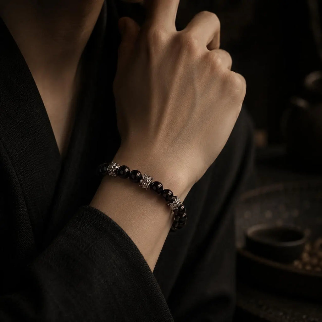 Obsidian Cross Guardian Bracelet — Gothic Spiritual Protection Jewelry HANTANG STYLE
