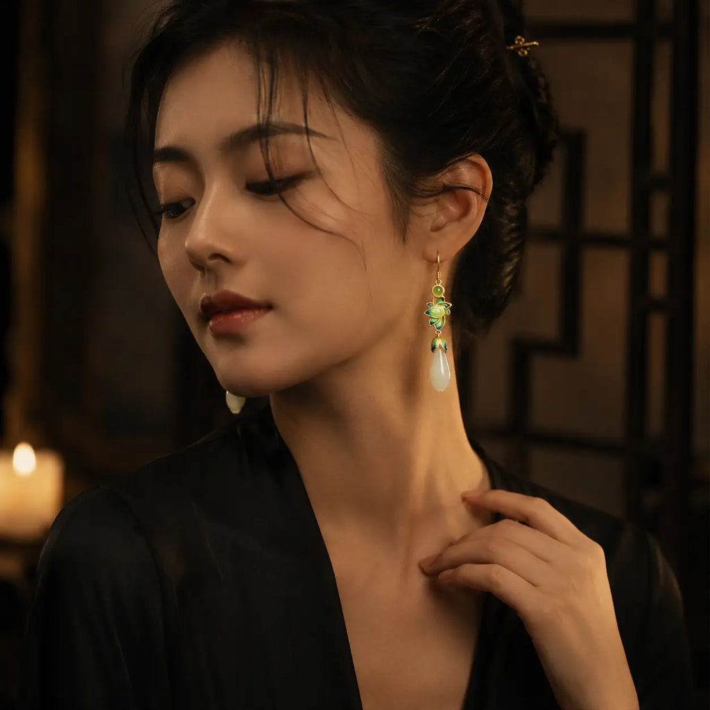 Soft Light Lotus Jade Earrings