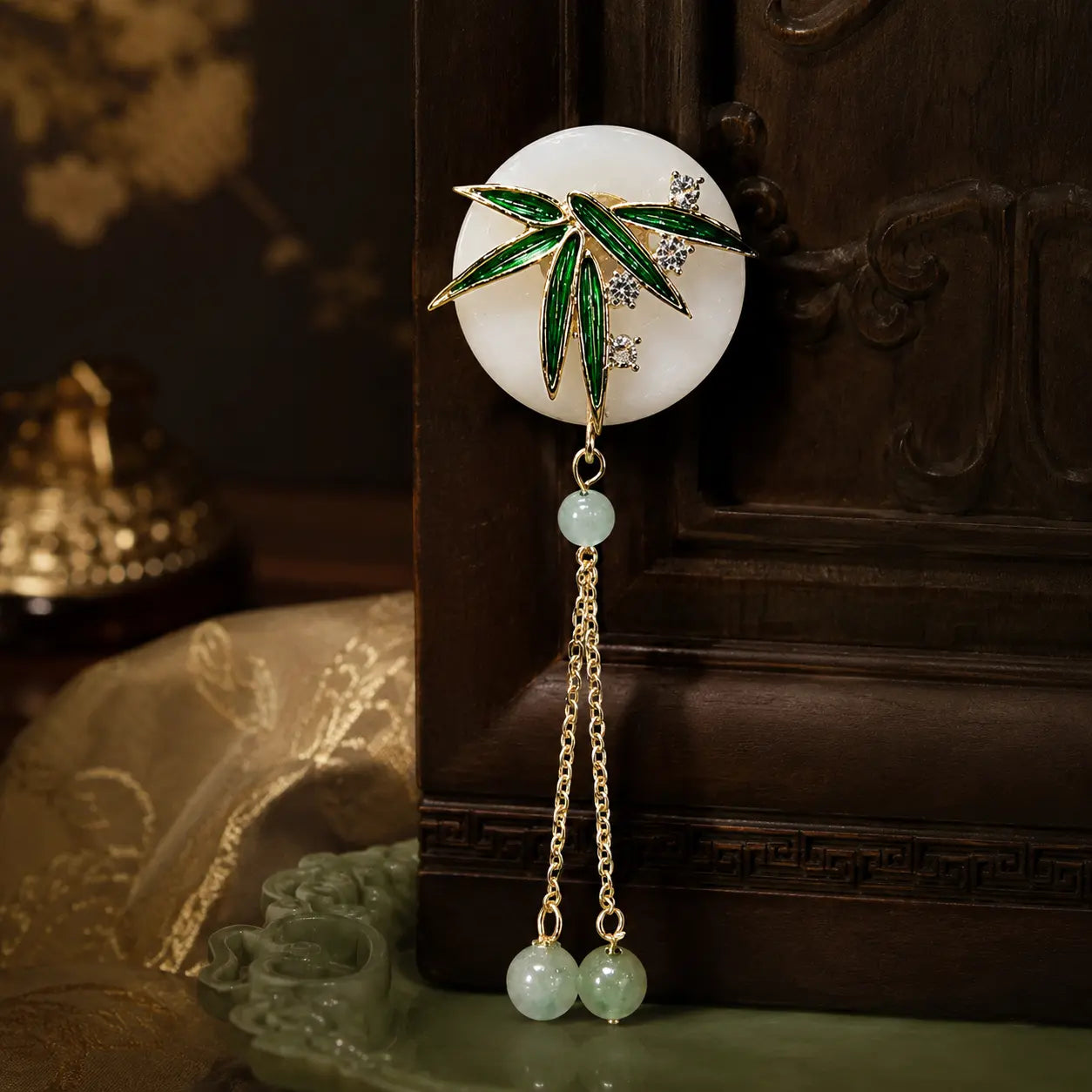 Golden Bamboo Jade Tassel Brooch