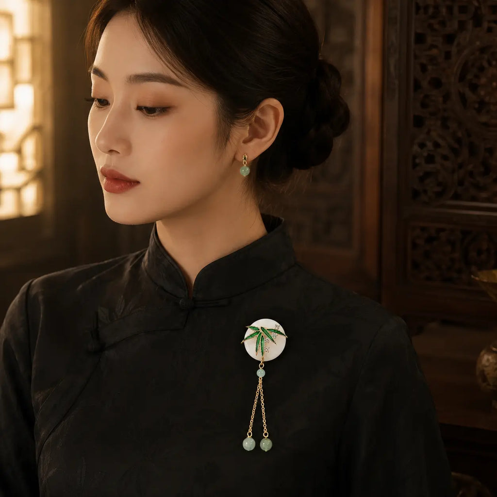 Golden Bamboo Jade Tassel Brooch