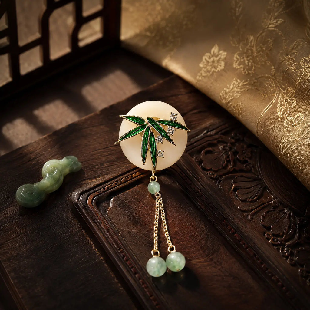 Golden Bamboo Jade Tassel Brooch
