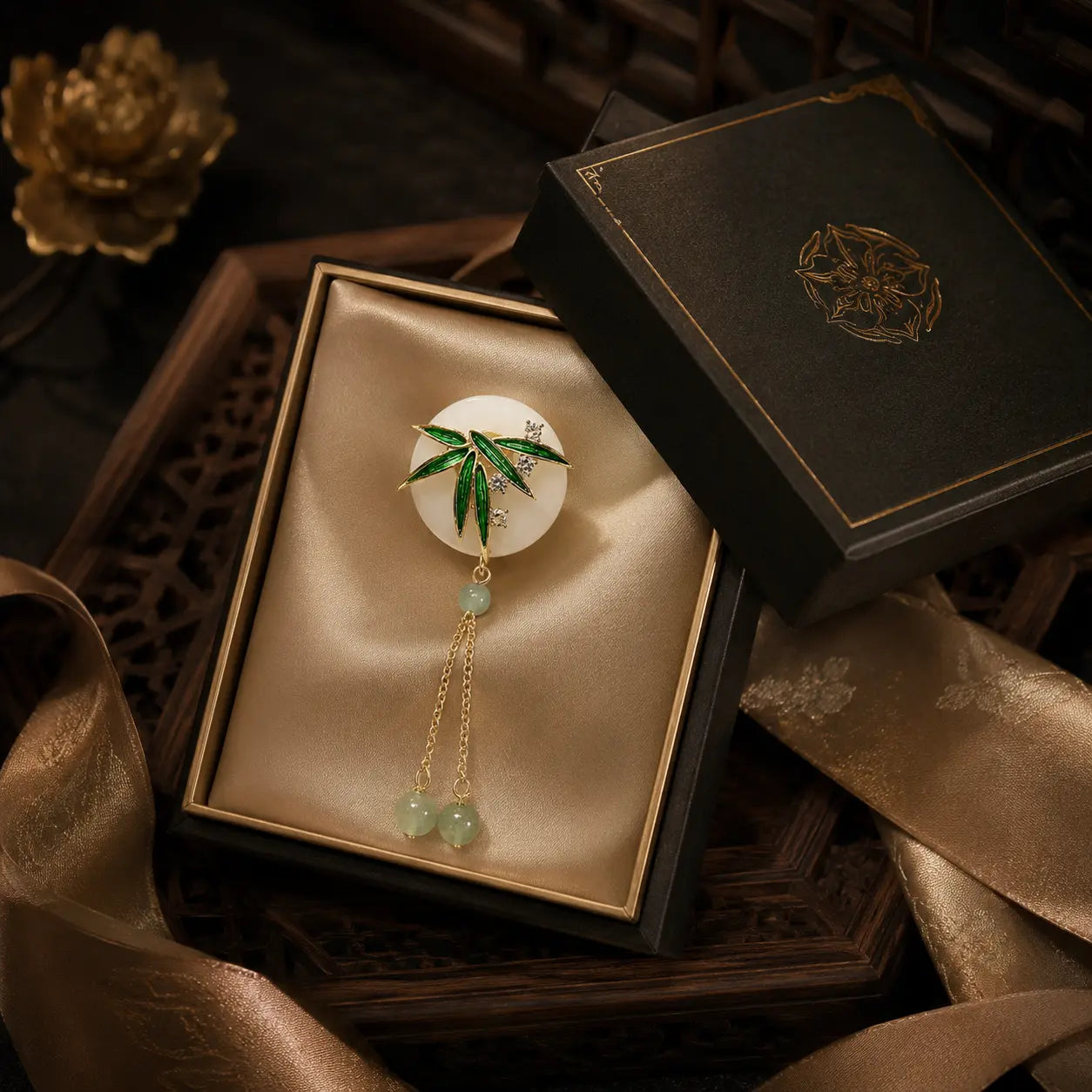 Golden Bamboo Jade Tassel Brooch