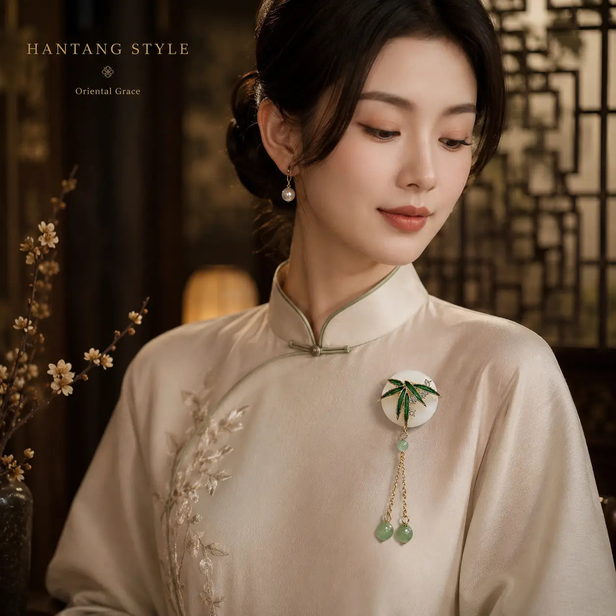 Golden Bamboo Jade Tassel Brooch