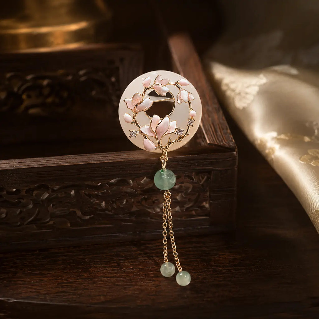 Magnolia Moon Jade Tassel Brooch
