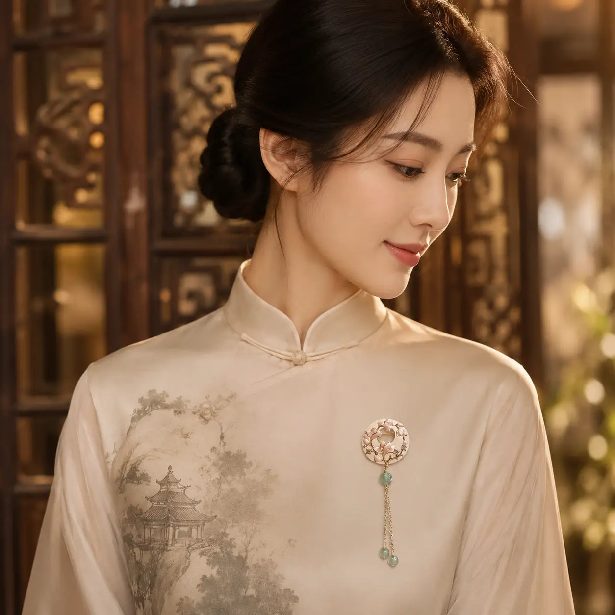 Magnolia Moon Jade Tassel Brooch