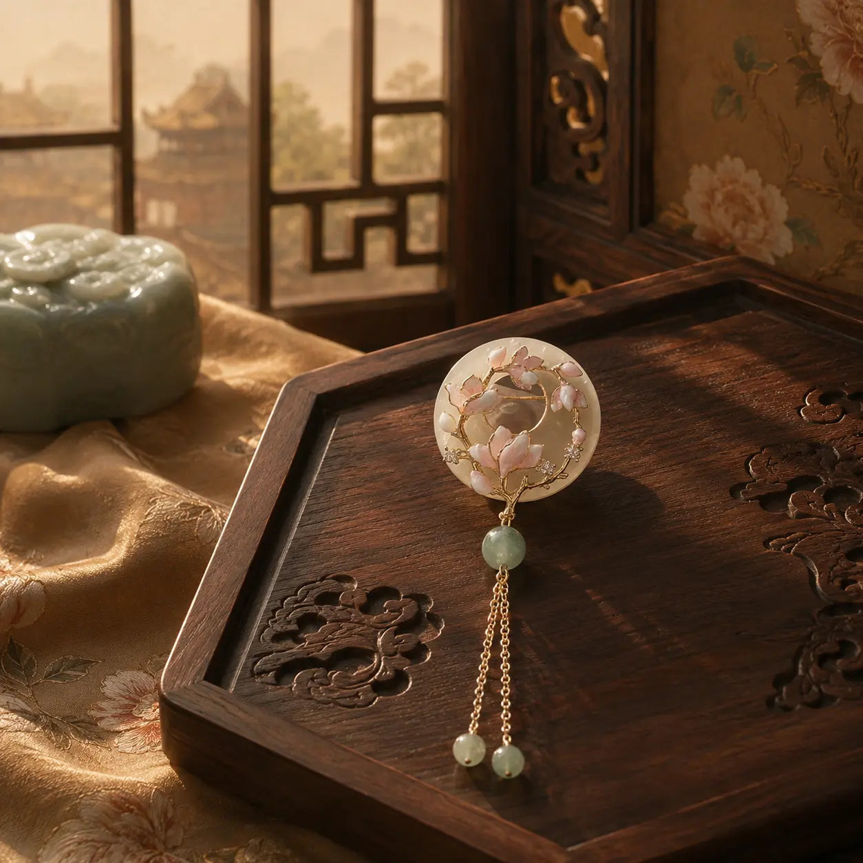 Magnolia Moon Jade Tassel Brooch