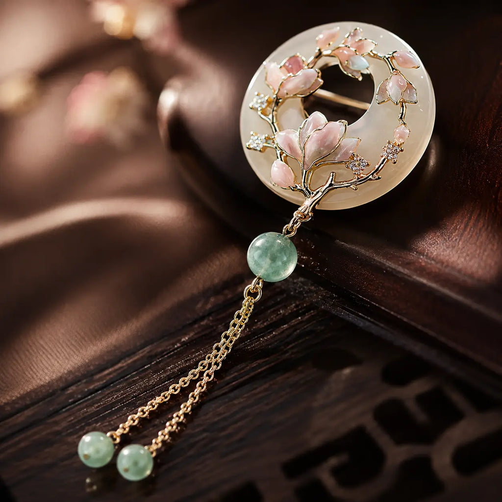 Magnolia Moon Jade Tassel Brooch